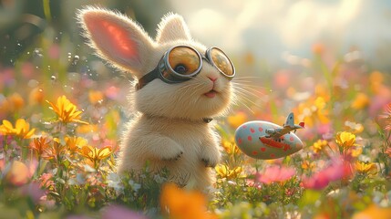 A whimsical Easter bunny wearing aviator goggles, flying a miniature plane shaped like an egg over a field of wildflowers.