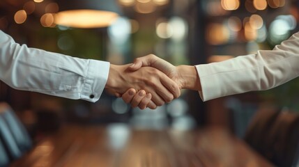 A handshake agreement between a businessman and businesswoman at a group board meeting, signifying a successful partnership