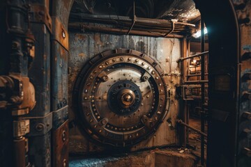 Large metallic vault door in an abandoned underground facility showing intricate design and aging features in dim light