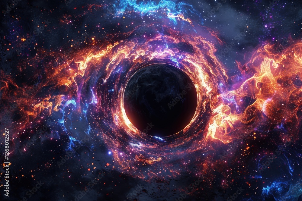 Poster stunning representation of a black hole surrounded by glowing cosmic gas and colorful nebulae in dee