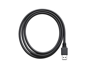 Black USB cable and adapter, neatly arranged.