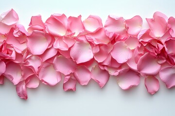 An arrangement of rose flower petals set against a pastel pink background. Perfect for Valentine's Day and Mother's Day themes. Flat lay, top view, with room for copy