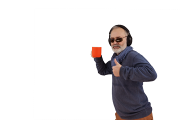 A gray-bearded grown man wearing headphones drinks coffee from an orange cup and dances along to the music. Png.