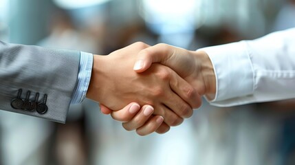 A handshake agreement between a businessman and businesswoman at a group board meeting, signifying a successful partnership