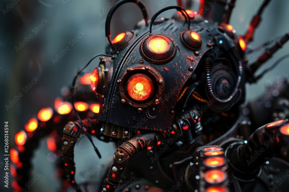 Poster detailed close-up of a robotic spider with glowing lights in a futuristic urban environment during n