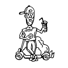 Graphic vector black and white image of a young guy with an electric scooter, smoothie, cookies and in a cap on a white isolated background