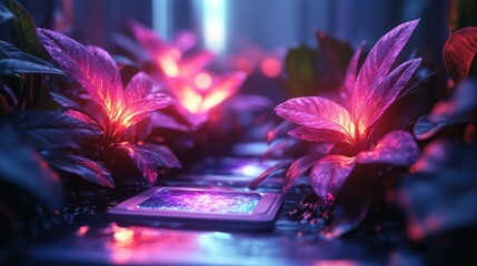 Futuristic plants glowing under neon lights in a lab