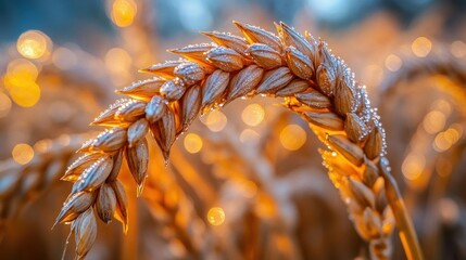 Frosty wheat field sunrise, agriculture harvest