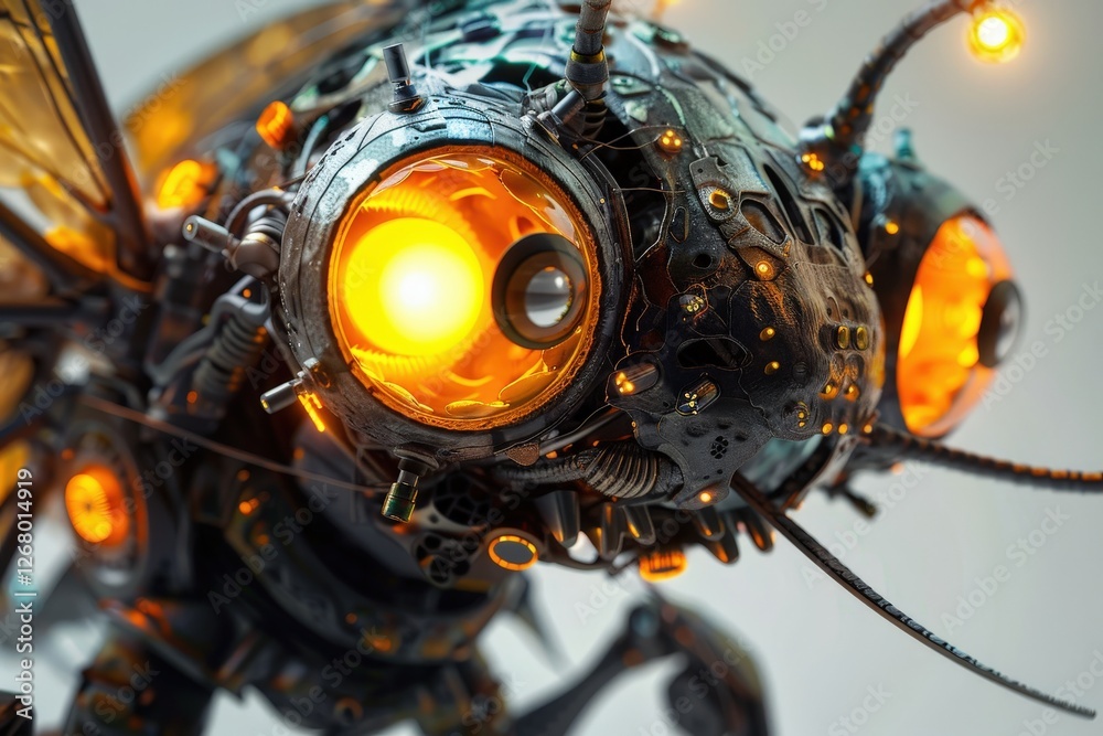 Poster detailed close-up of a robotic spider with glowing lights in a futuristic urban environment during n