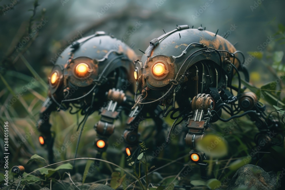 Poster detailed close-up of a robotic spider with glowing lights in a futuristic urban environment during n