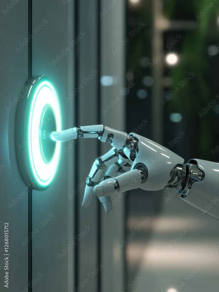 Poster Robotic hand interacts with a glowing virtual button in a modern setting. Generative AI