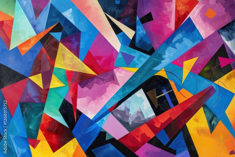 Poster vibrant abstract mural artwork showcasing bold colors and geometric shapes on a wall in an urban set