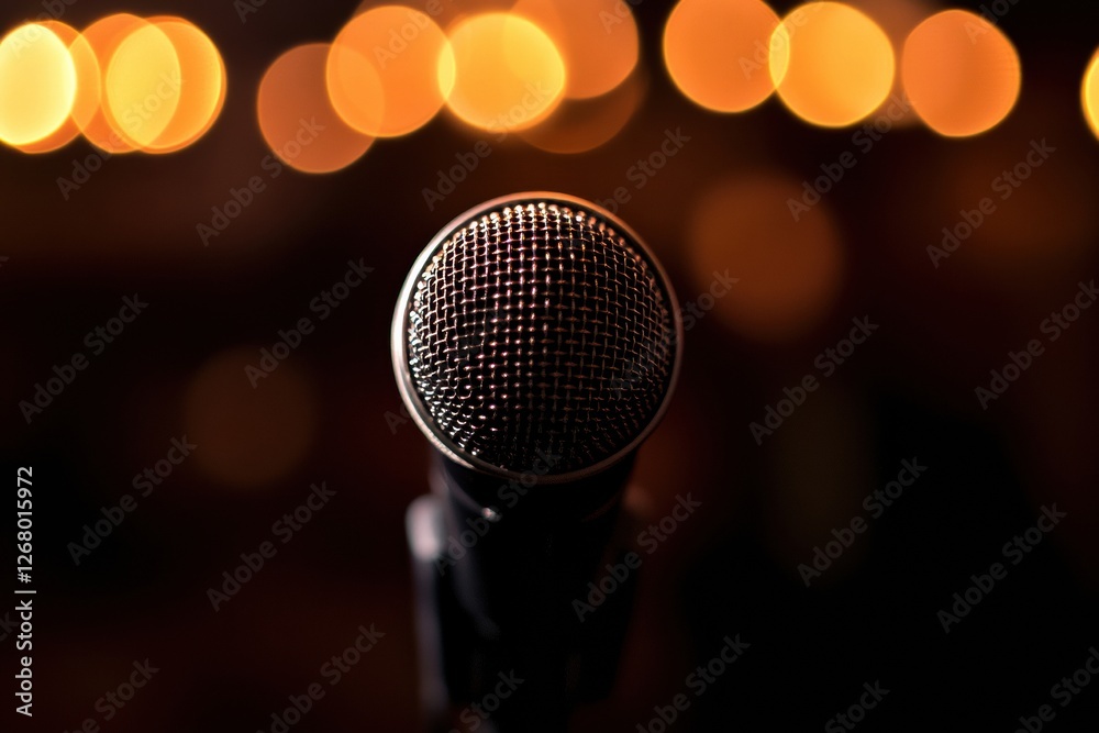 Leinwandbilder Close up of a microphone against a blurred background with warm lights during a live performance event. Generative AI