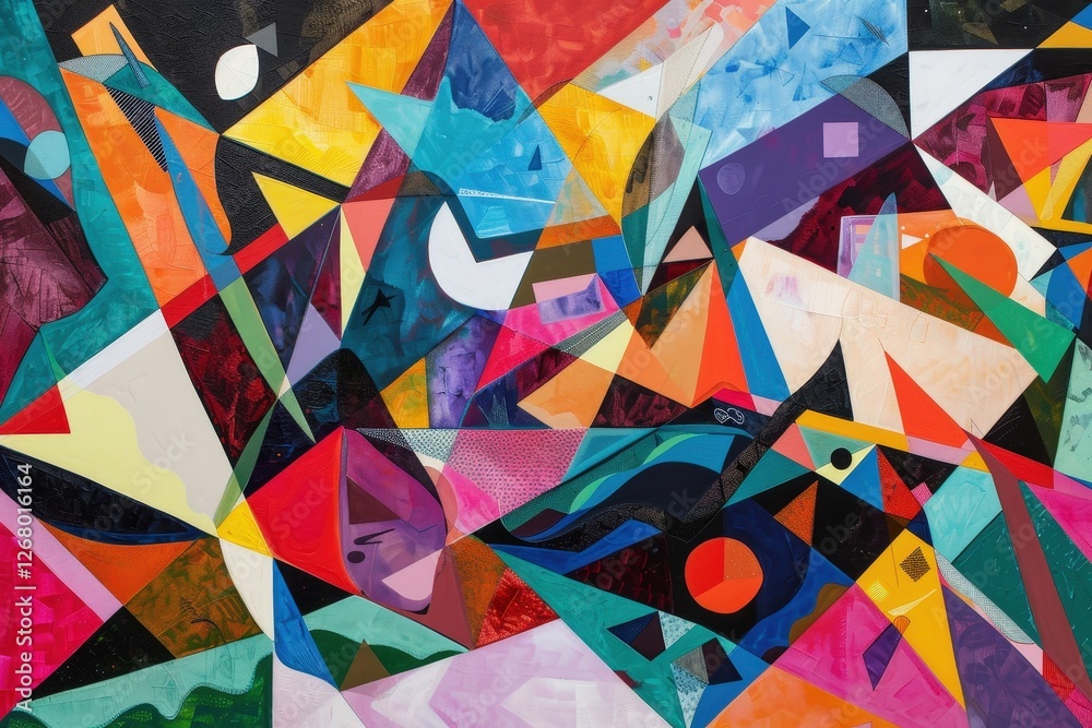 Poster vibrant abstract mural artwork showcasing bold colors and geometric shapes on a wall in an urban set