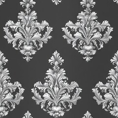 Seamless Pattern - Elegant silver damask pattern on dark background