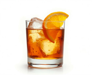 An old fashioned in a rocks glass with a large ice cube and an orange peel. Generative AI