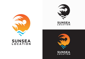 Vintage Abstract Sun and Ocean Waves Logo with Location Pin Shape. Flat Vector Logo Design Template Elements. Tropical Exotic Emblem. Palm Tree Leaf Vector Logo With Location Pin Combination.