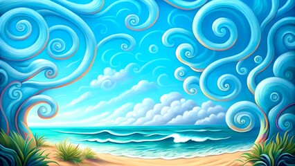 Fototapeta premium A vibrant and whimsical seascape with swirling blue waves and stylized clouds, creating a playful and dreamlike atmosphere.