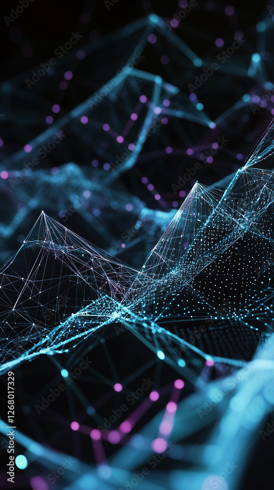 Poster Abstract digital data network with glowing nodes and interconnected lines representing complex systems, technology, and digital communication in cyberspace.