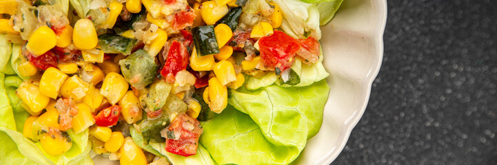 Corn salad vegetables fresh tasty food dish gourmet food background on the table rustic food top view copy space keto and paleo diet Vegetarian and vegan food