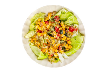 Corn salad vegetables fresh tasty food dish gourmet food background on the table rustic food top view copy space keto and paleo diet Vegetarian and vegan food