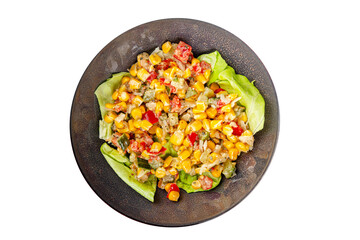 Corn salad vegetables fresh tasty food dish gourmet food background on the table rustic food top view copy space keto and paleo diet Vegetarian and vegan food