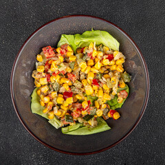 Corn salad vegetables fresh tasty food dish gourmet food background on the table rustic food top view copy space keto and paleo diet Vegetarian and vegan food