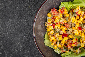 Corn salad vegetables fresh tasty food dish gourmet food background on the table rustic food top view copy space keto and paleo diet Vegetarian and vegan food