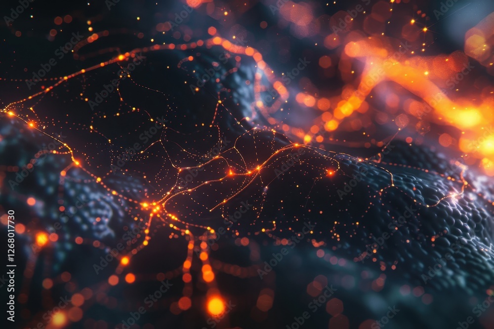 Aufkleber exploration of neural networks with vibrant connections and electric sparks glowing in a dark enviro