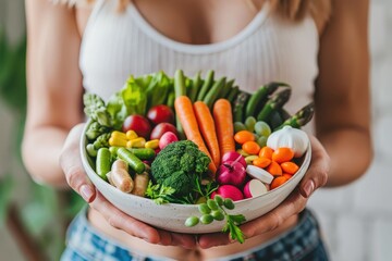 Supplement display featuring various vitamins, minerals, and herbal capsules among fresh vegetables and plants on a wooden surface