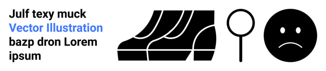 Set of bold black icons including shoes, magnifying glass, sad face illustration. Ideal for analysis, discovery, problem-solving, investigation, emotion, navigation troubleshooting flat landing
