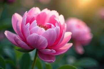 Obraz premium Soft pink peony blossoms, lush petals, blurred background, nature photography, blossom, botany