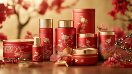 Decorative red containers with floral designs arranged beautifully among cherry blossoms