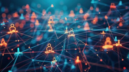 Global business landscape with diverse professionals analyzing data and exchanging insights, focusing on customer connections and HR recruitment