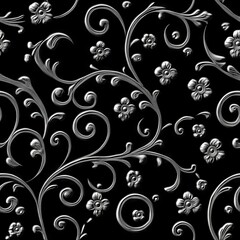 Seamless Pattern - Elegant silver floral design on black background