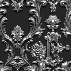Seamless Pattern - Ornate silver design on dark background.