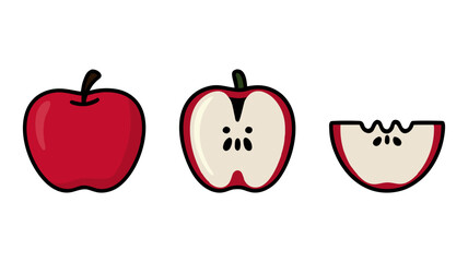 Red Apple Whole and Sliced in Different Forms, Fresh Fruit Illustration, Hand-Drawn Cartoon Vector, Healthy Food, Organic Produce, Minimalist Clipart for Stickers, Prints, and Digital Art