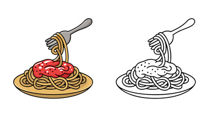 Delicious Spaghetti on Plate with Tomato Sauce and Fork, Italian Pasta Food Illustration, Tasty Noodles, Cartoon Hand-Drawn Vector, Isolated Clipart for Menu, Stickers, Sublimation