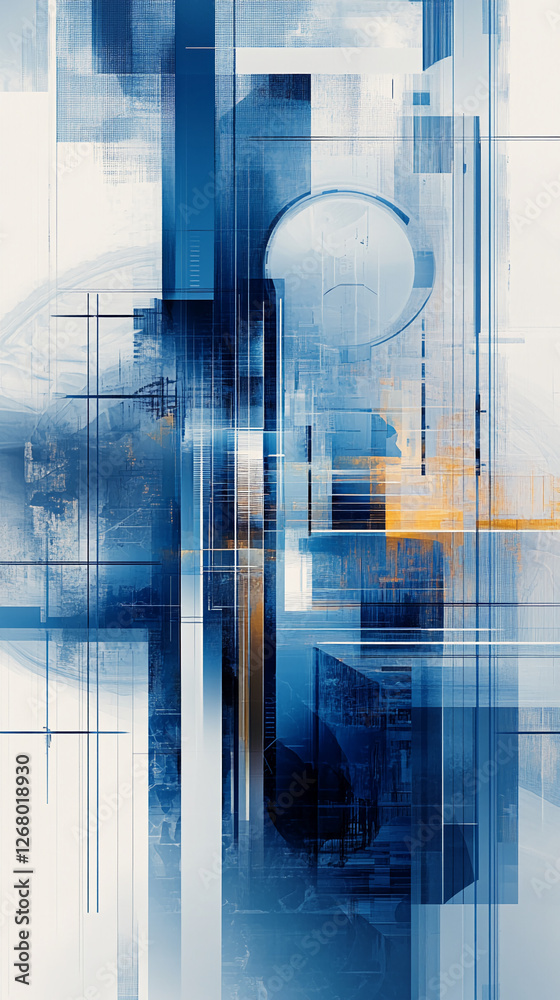Poster abstract digital design with blue and orange geometric patterns, representing modern art, innovation