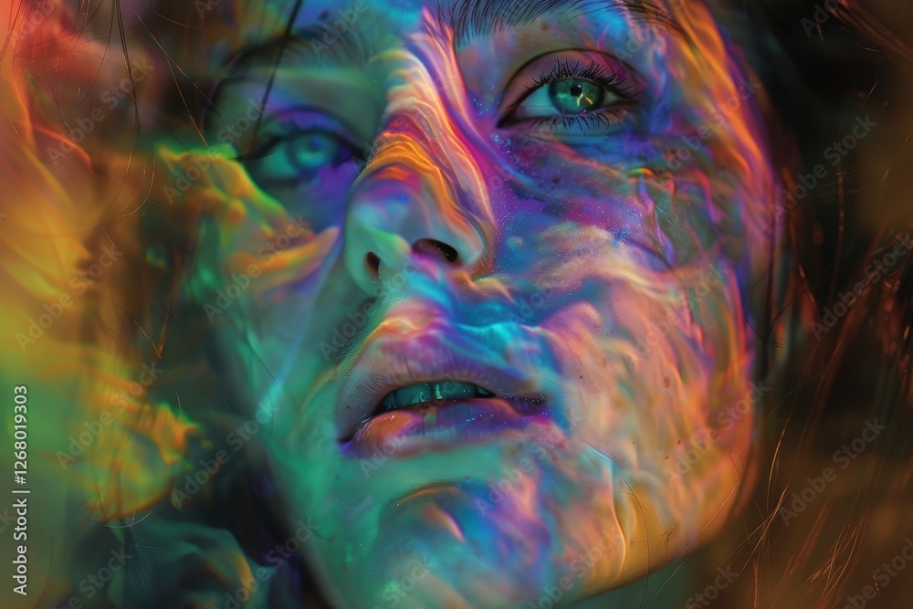 Poster artistic portrayal of a woman's face illuminated with vibrant colors, showcasing ethereal beauty and