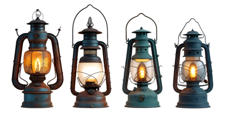 Set of 4 Vintage Kerosene Lamps Illuminating isolated on transparent background.