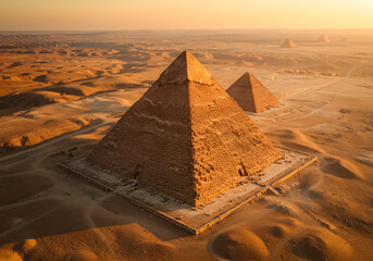 the majestic Pyramids of Giza in Egypt. The Great Pyramid of Khufu, Pyramid of Khafre, and Pyramid...