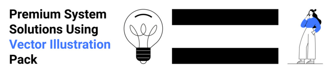 Bold light bulb symbolizing innovation, woman in blue shirt representing contemplation. Ideal for business, technology, creativity, modern design, brainstorming, marketing, flat landing page banner