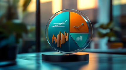 A segmented 3D pie chart in shades of blue, orange, and green, floating in front of a business analyst, with arrows and icons showing trends and insights