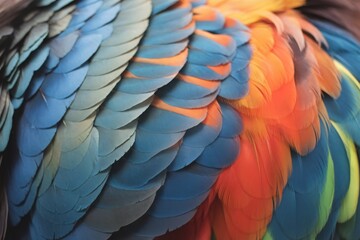 Fototapeta premium Close-up of vibrant feathers in shades of blue, orange, and yellow, showcasing intricate details and textures.