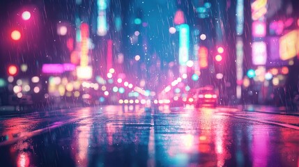 Fototapeta premium Rainy Night Cityscape Vibrant Lights Reflecting on Wet Street