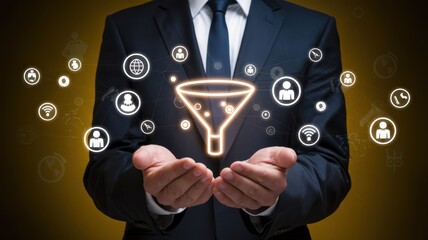 Businessman holds a glowing funnel surrounded by networking icons