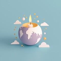 Earth hour day with energy and power idea. Candle globe with stars and clouds on a blue background