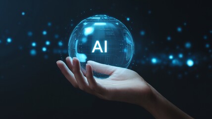 A hand holding a glowing transparent sphere with 'AI' displayed, symbolizing technology and innovation.