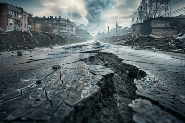 Cracked and broken city street in aftermath of earthquake or natural disaster. Concept of destruction, crisis, and post-apocalyptic environment